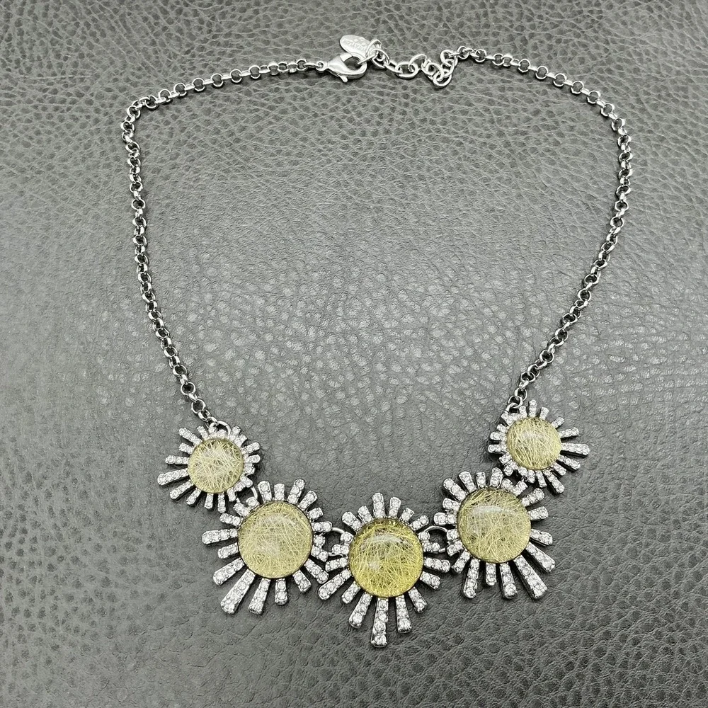 Ann Taylor Necklace Silver Tone Yellow Resin Rhinestone Sunburst‎ Bib Womens 18